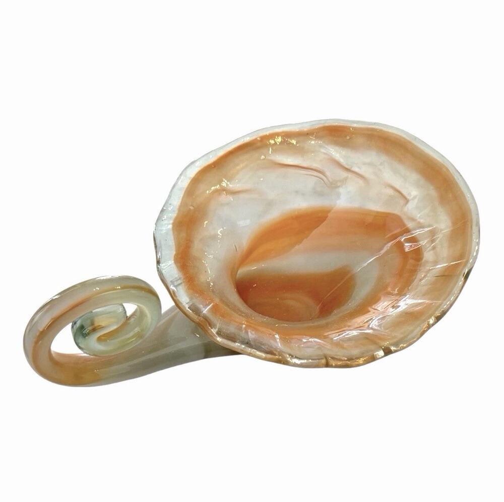 Vintage Handblown Art Glass Orange Swirled Bowl Curled Stem Murano Style